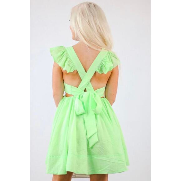 Mable Lime Green Baby Doll Mini Dress w/ Big Bow Tie Back – Size Small - Picture 2 of 8